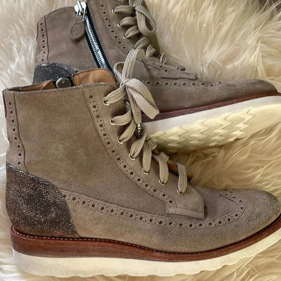 Women's Taupe Suede Lace-Up & Zip Ankle Booties - Picture 4 of 9